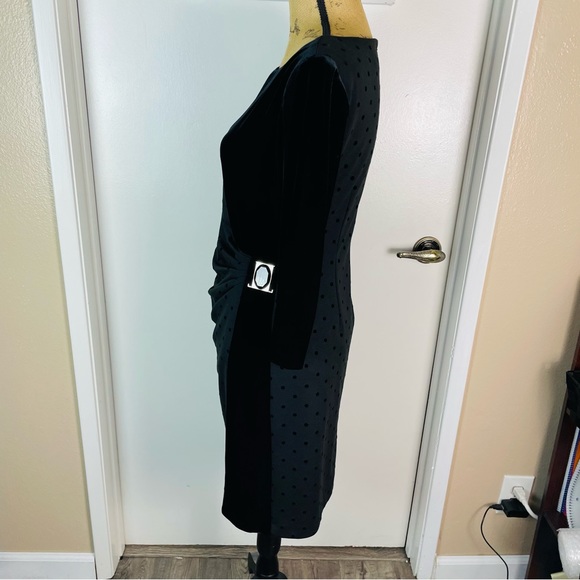 Tahari 6P Black Midi Dress Woman Dots 3/4 Sleeve Rhinestone Evening Party Velvet - Picture 12 of 14